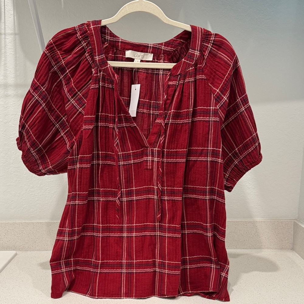 LOFT Red Plaid Blouse